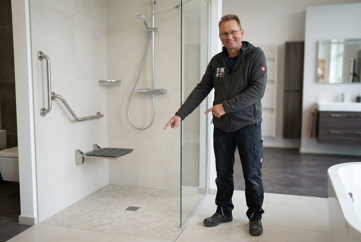 Handwerker stellt eine bodengleiche, barrierefreie Dusche mit Klappsitz und Haltegriff in einem hellen Showroom vor.