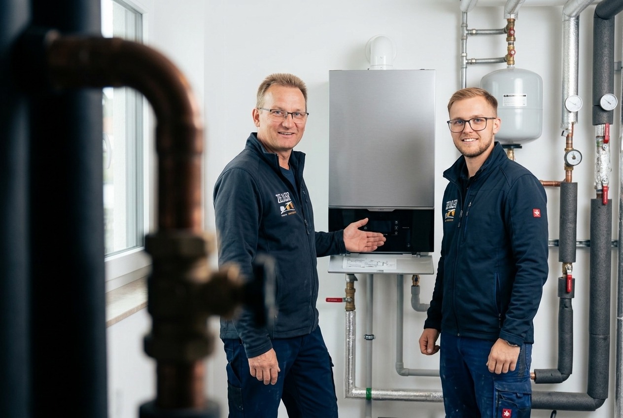 Heizungsmonteure präsentieren eine moderne Gastherme in einem hellen Technikraum