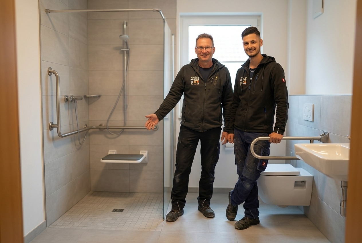 Zwei Handwerker präsentieren stolz ein fertig modernisiertes, barrierefreies Badezimmer mit ebenerdiger Dusche.