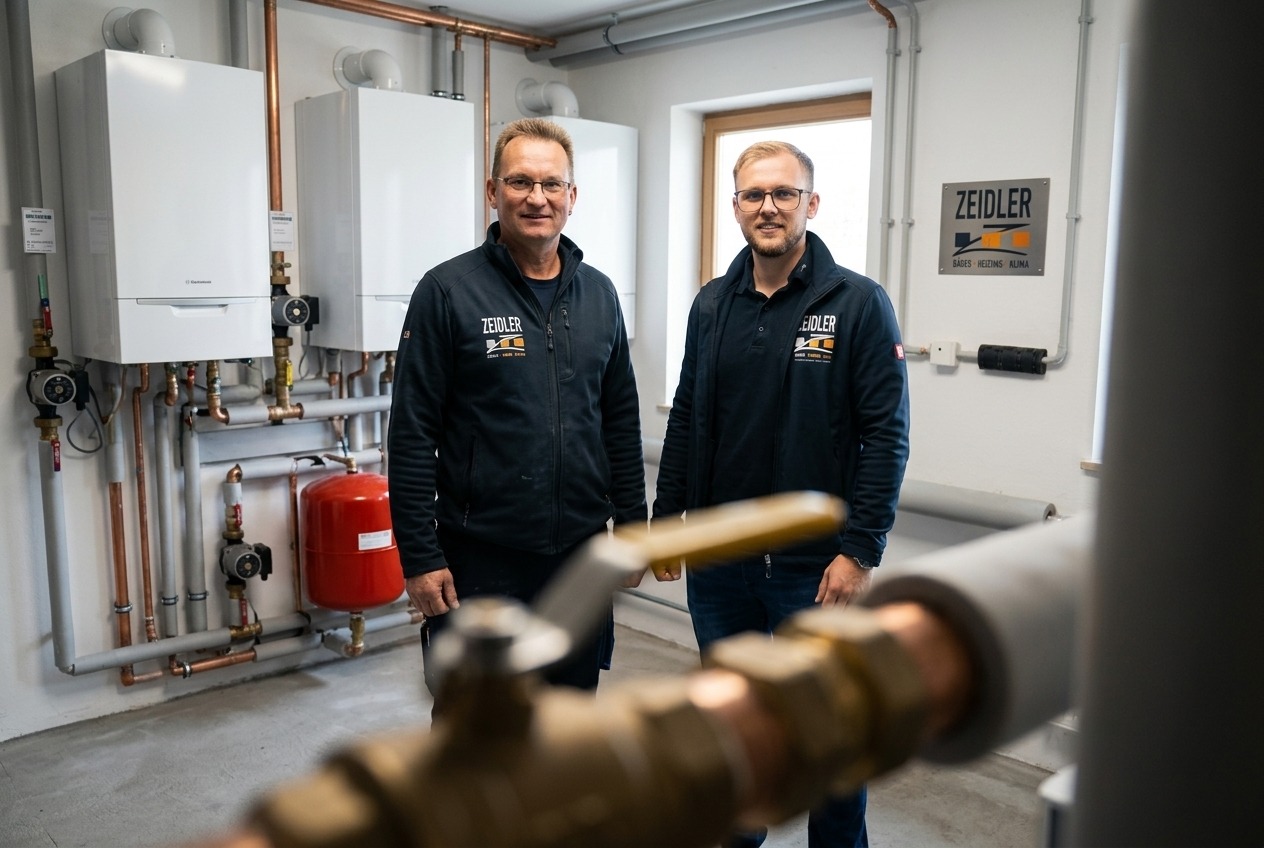 Zwei Fachkräfte der Firma Zeidler stehen in einem modernisierten Heizungsraum vor Gasthermen und Rohrinstallationen