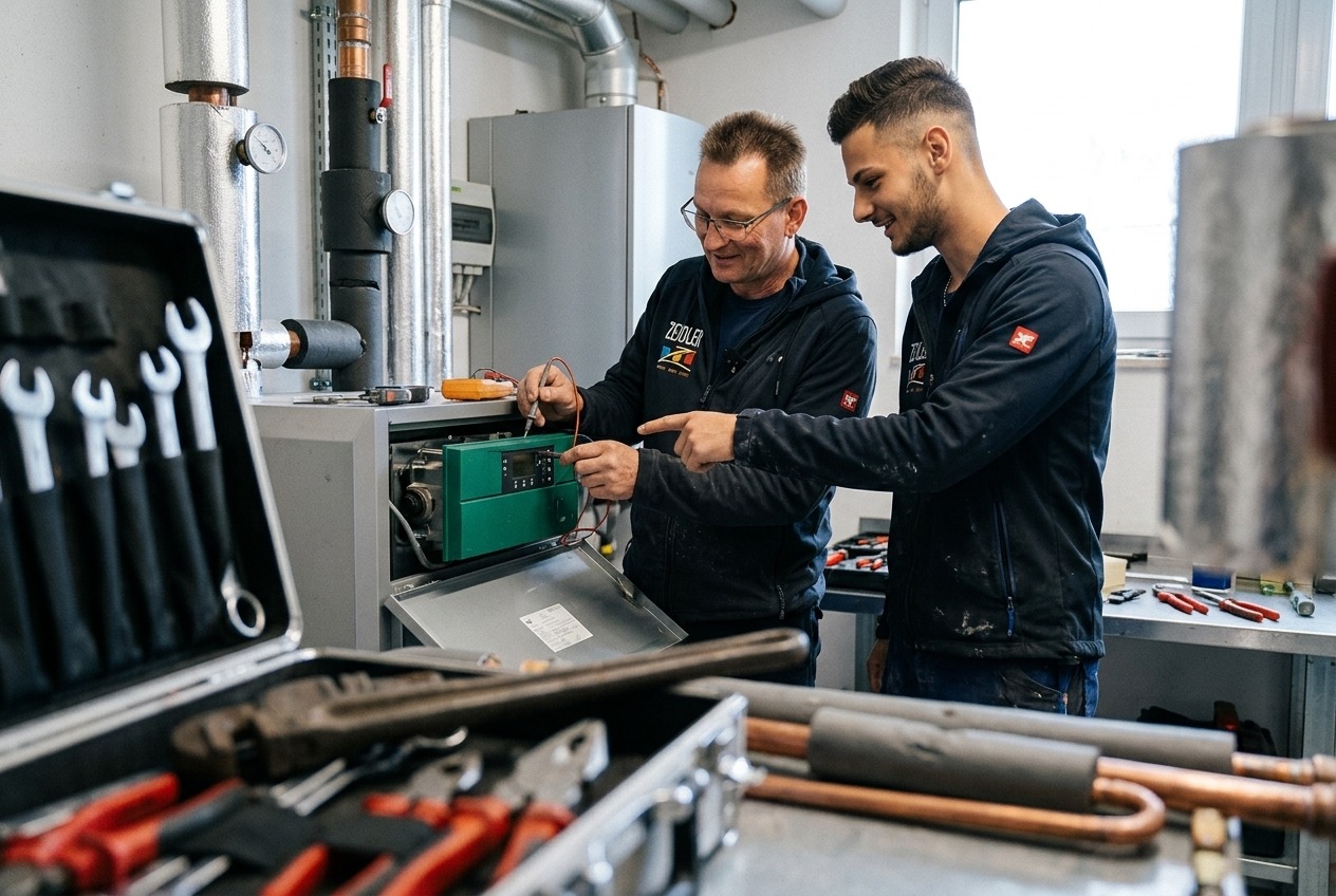 Heizungsmonteure arbeiten gemeinsam an einer modernen Heizungsanlage