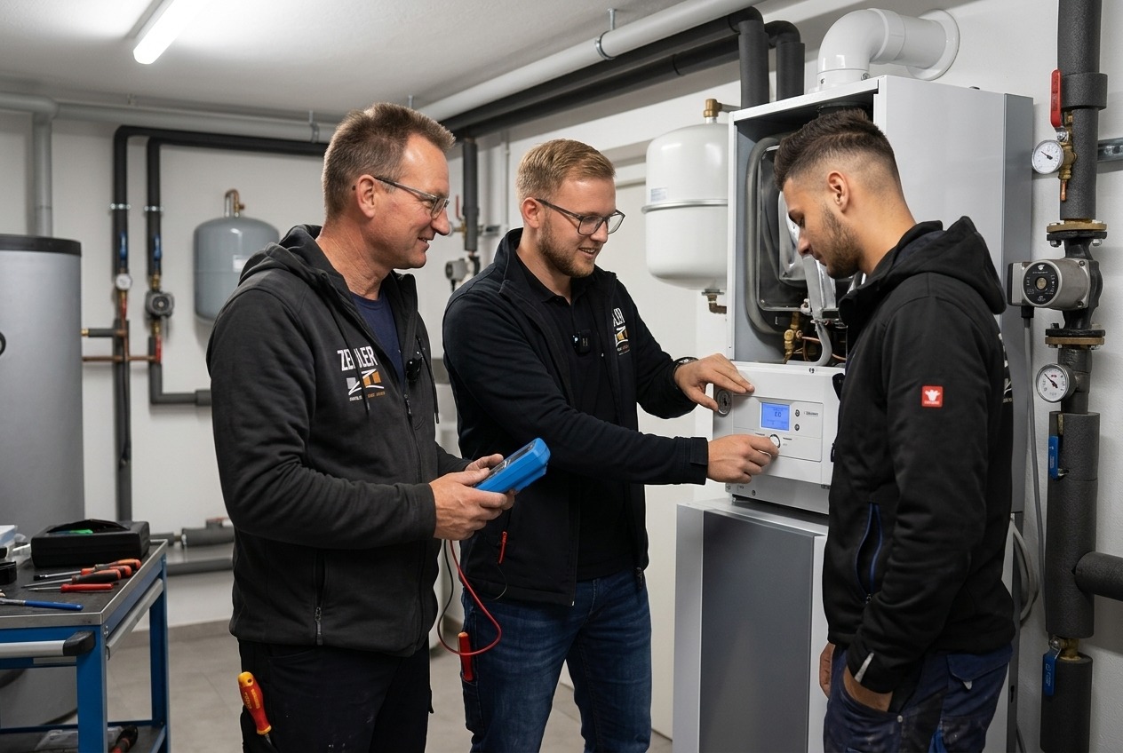 Drei Handwerker inspizieren gemeinsam eine moderne Heizungsanlage – Teamwork und Know-how